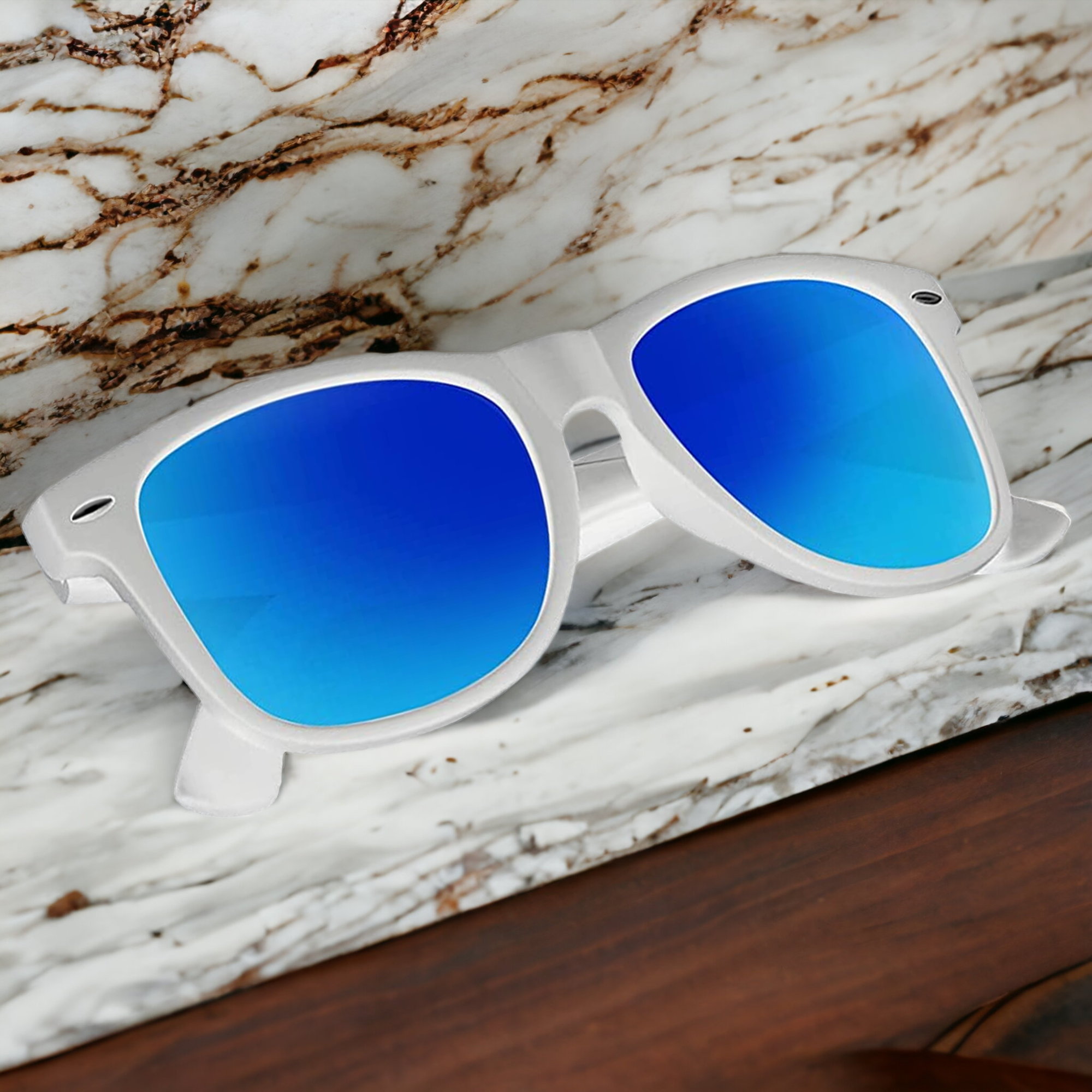 SUNGLASSES WHITE FRAME BLUE REFLECTIVE OUTER LENS
